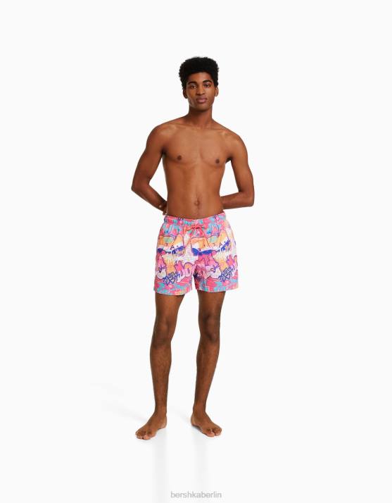 Fuchsie Bershka Männer Boardshorts mit Graffiti-Print H00J3405