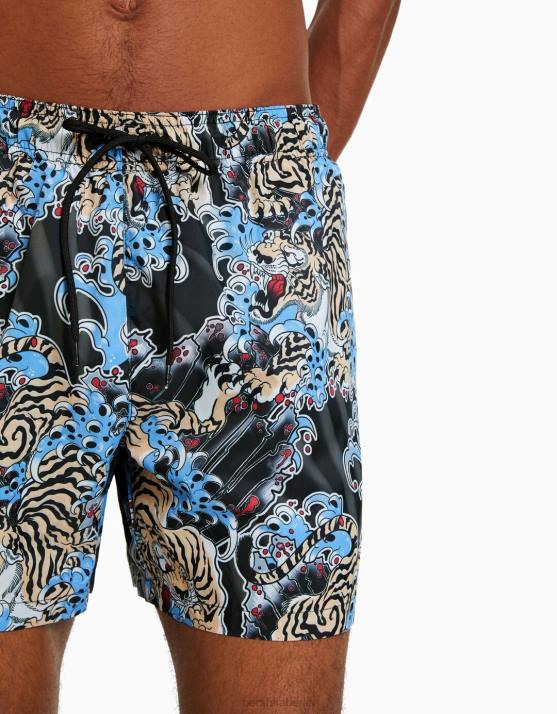 Schwarz Bershka Männer Boardshorts mit Tigermuster H00J3406