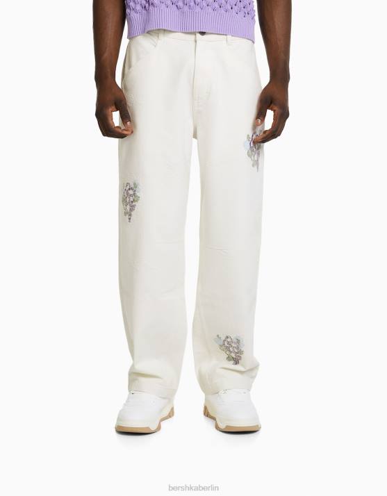 Weiss Bershka Männer Zerrissene, bestickte Baumwollhose H00J3264