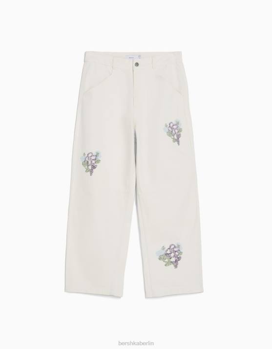 Weiss Bershka Männer Zerrissene, bestickte Baumwollhose H00J3264
