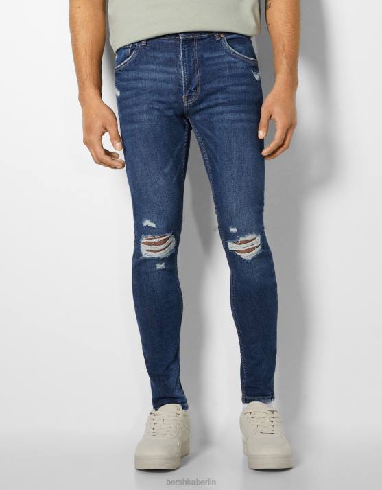 Blau Bershka Männer Superenge, zerrissene Jeans H00J3168