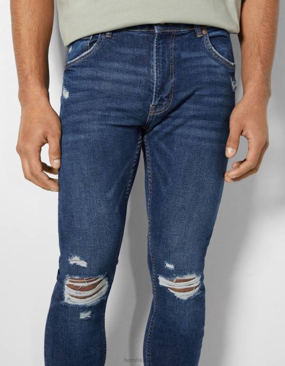 Blau Bershka Männer Superenge, zerrissene Jeans H00J3168