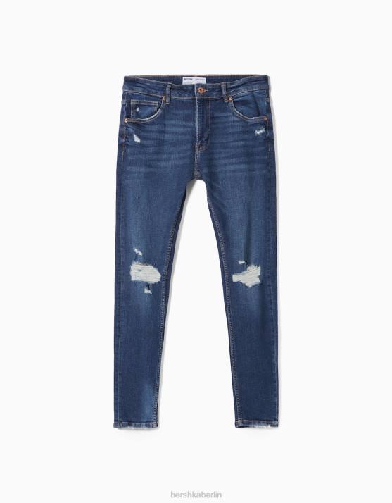 Blau Bershka Männer Superenge, zerrissene Jeans H00J3168