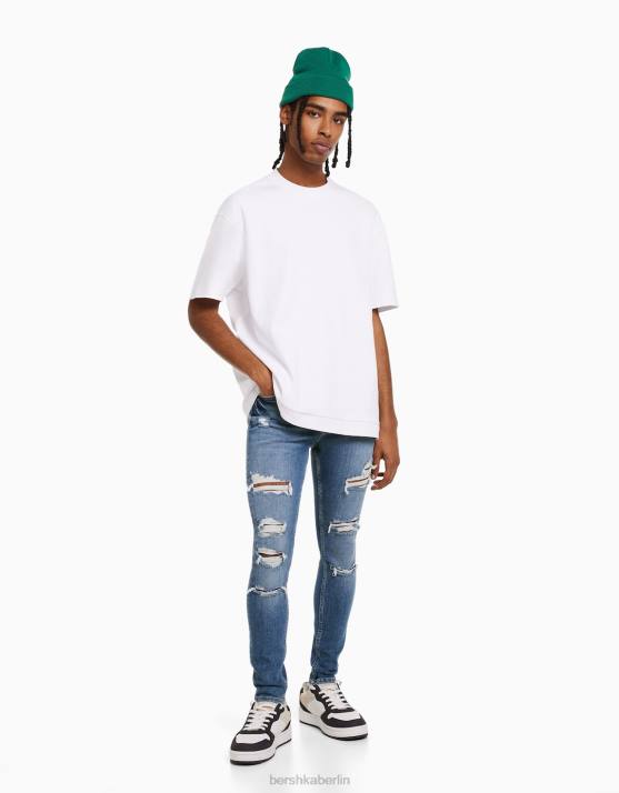 Blau Bershka Männer Superenge, zerrissene Jeans H00J3189