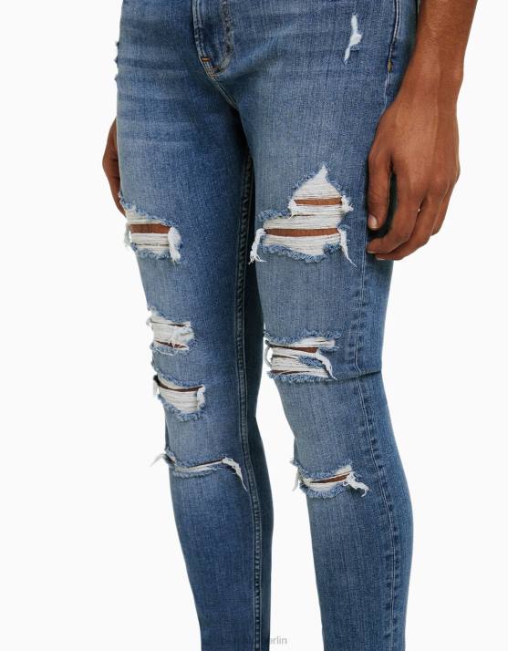 Blau Bershka Männer Superenge, zerrissene Jeans H00J3189