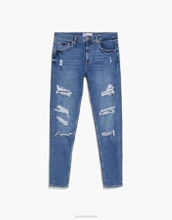 Blau Bershka Männer Superenge, zerrissene Jeans H00J3189
