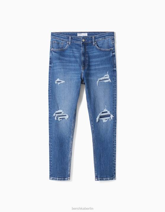 Blau Bershka Männer Zerrissene Carrot-Fit-Jeans H00J3201