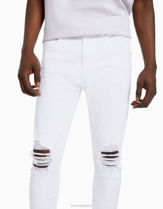 Weiss Bershka Männer Superenge, zerrissene Jeans H00J3184