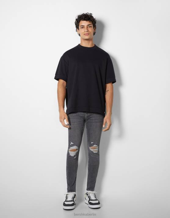 dunkelgrau Bershka Männer Superenge, zerrissene Jeans H00J3169