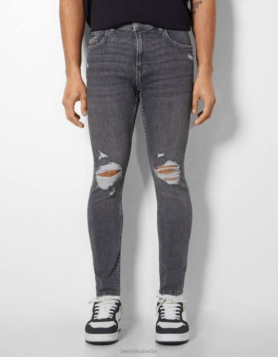 dunkelgrau Bershka Männer Superenge, zerrissene Jeans H00J3169