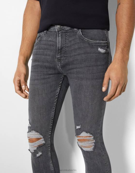 dunkelgrau Bershka Männer Superenge, zerrissene Jeans H00J3169