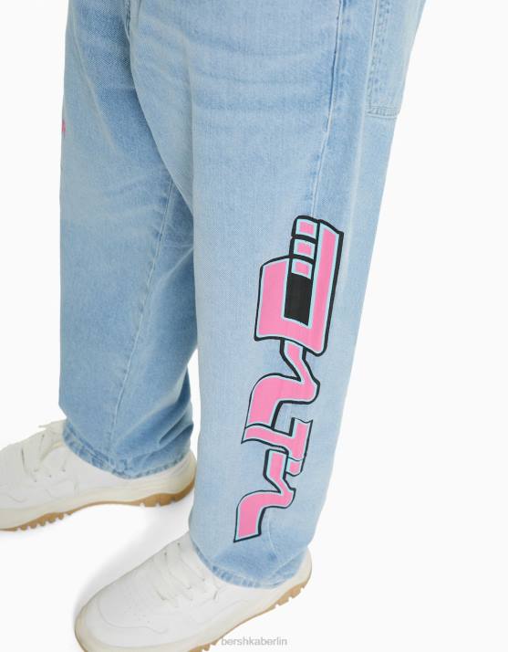 hellblau Bershka Männer Baggy-Jeans mit Print H00J3144
