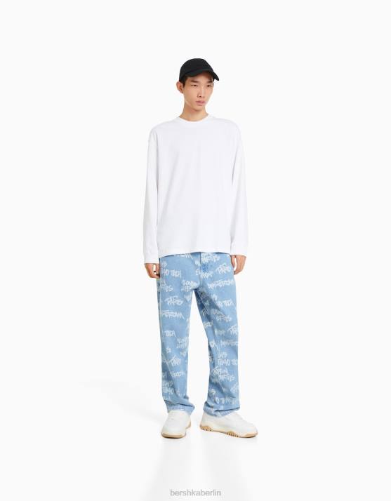 hellblau Bershka Männer Baggy-Jeans mit Print H00J3200