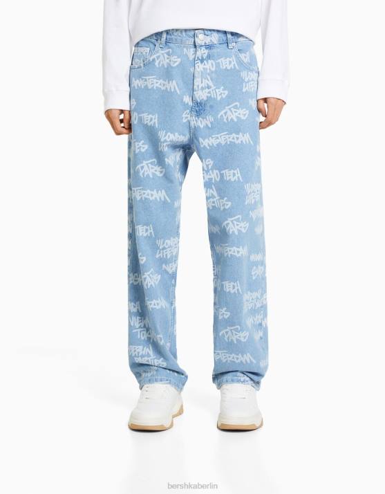 hellblau Bershka Männer Baggy-Jeans mit Print H00J3200
