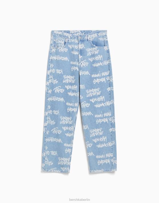 hellblau Bershka Männer Baggy-Jeans mit Print H00J3200