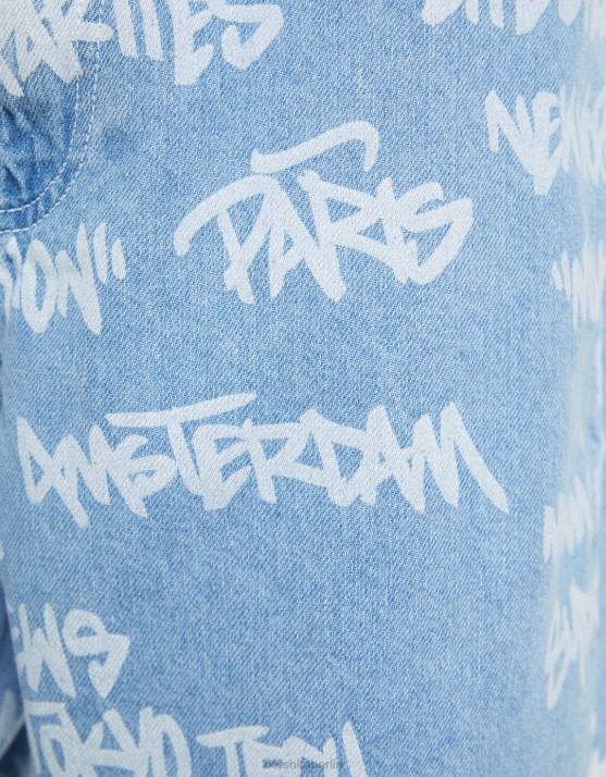 hellblau Bershka Männer Baggy-Jeans mit Print H00J3200