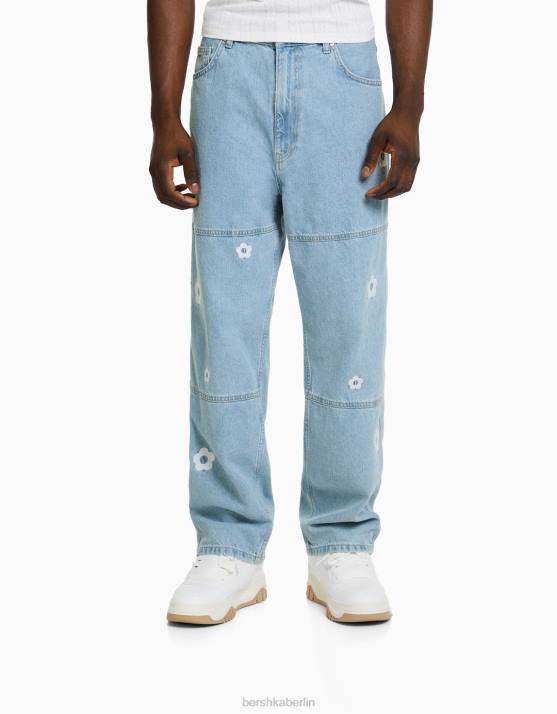 hellblau Bershka Männer bestickte Baggy-Carpenter-Jeans H00J3143