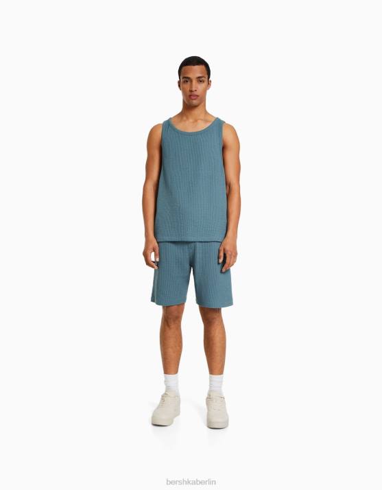 Blau Bershka Männer Plüsch-Bermudashorts mit Waffelstruktur H00J3367