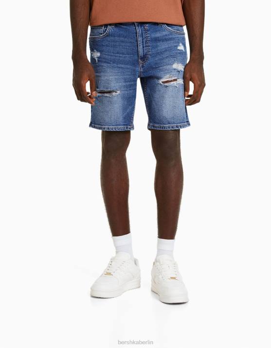 Blau Bershka Männer Zerrissene Denim-Bermudashorts H00J3339