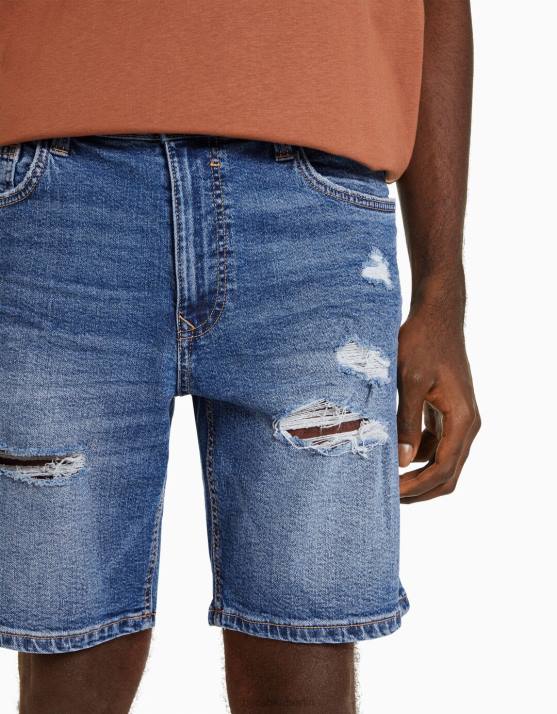 Blau Bershka Männer Zerrissene Denim-Bermudashorts H00J3339