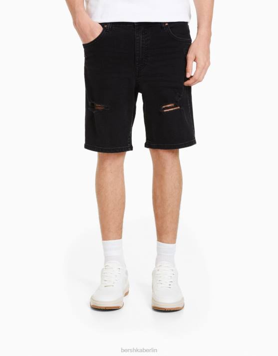 Schwarz Bershka Männer Zerrissene Denim-Bermudashorts H00J3341