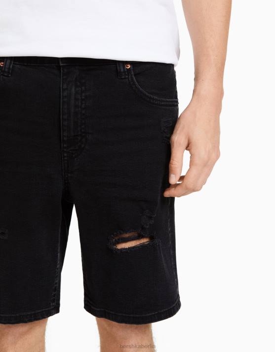 Schwarz Bershka Männer Zerrissene Denim-Bermudashorts H00J3341