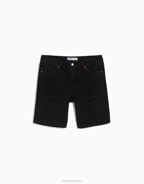 Schwarz Bershka Männer Zerrissene Denim-Bermudashorts H00J3341