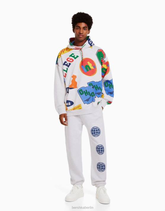 grau Bershka Männer Plüsch-Set aus bedrucktem Sweatshirt und Hose H00J3411