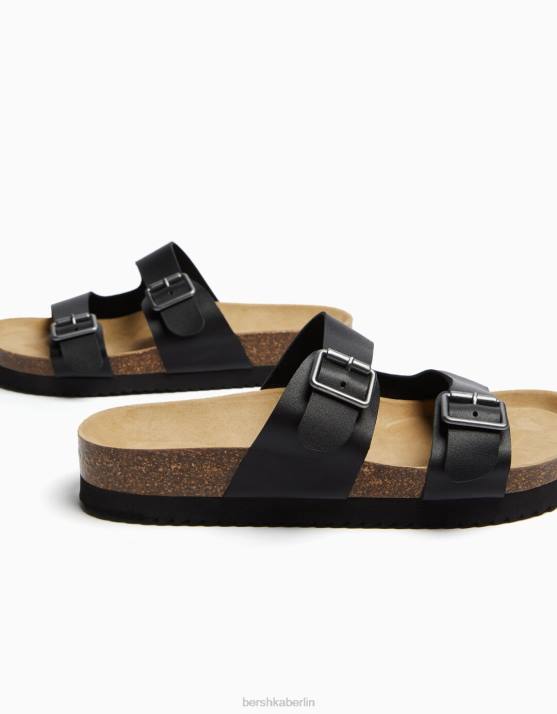 Schwarz Bershka Männer Ledersandalen mit Schnallen H00J3542