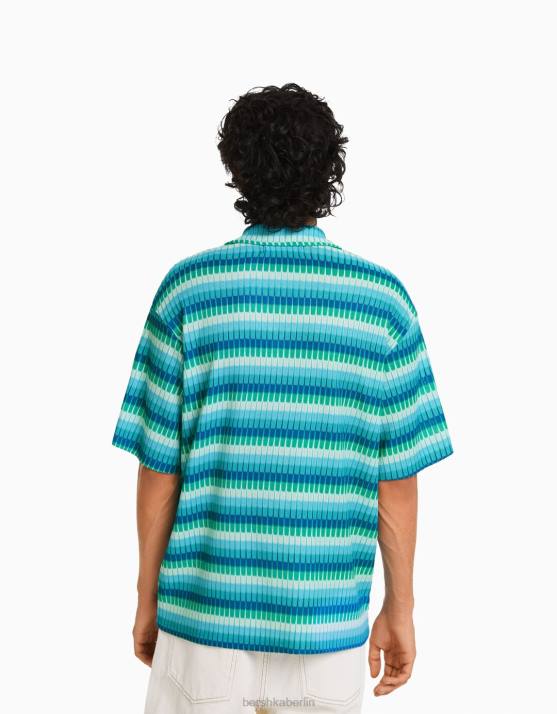 Blau Bershka Männer Bowlingshirt mit Retro-Print H00J2911