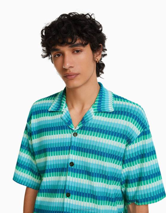 Blau Bershka Männer Bowlingshirt mit Retro-Print H00J2911