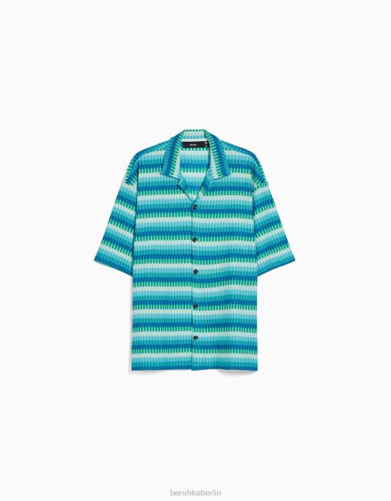 Blau Bershka Männer Bowlingshirt mit Retro-Print H00J2911