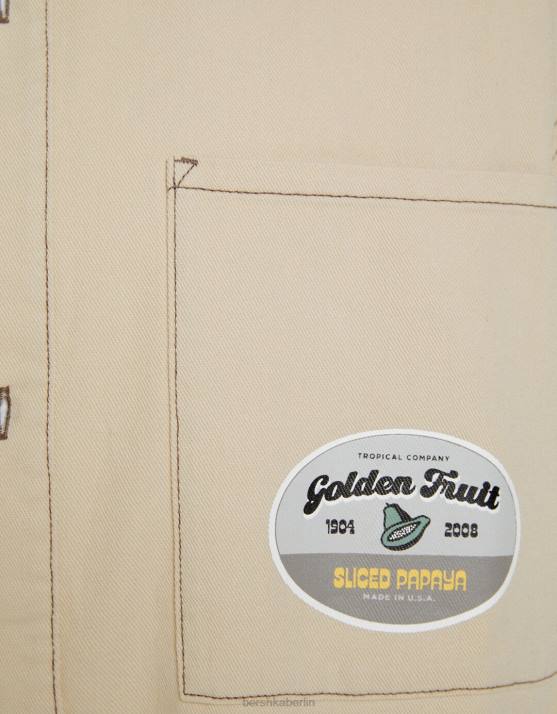 Creme Bershka Männer Kurzärmliges Denim-Arbeiterhemd H00J2882