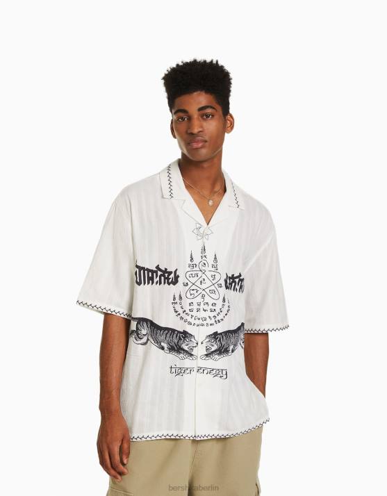 Creme Bershka Männer Kurzarmhemd mit besticktem Aufdruck H00J2864