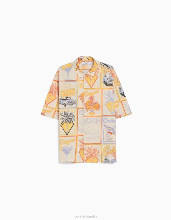 Creme Bershka Männer Kurzarmhemd mit rustikalem Aufdruck H00J2913