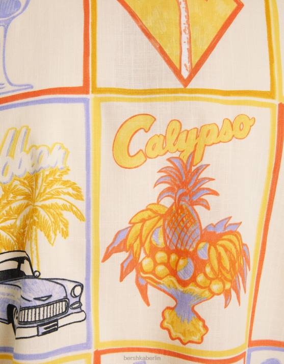 Creme Bershka Männer Kurzarmhemd mit rustikalem Aufdruck H00J2913