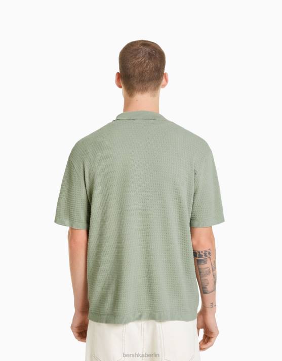 Grün Bershka Männer Strukturiertes Kurzarm-Strickhemd H00J2901
