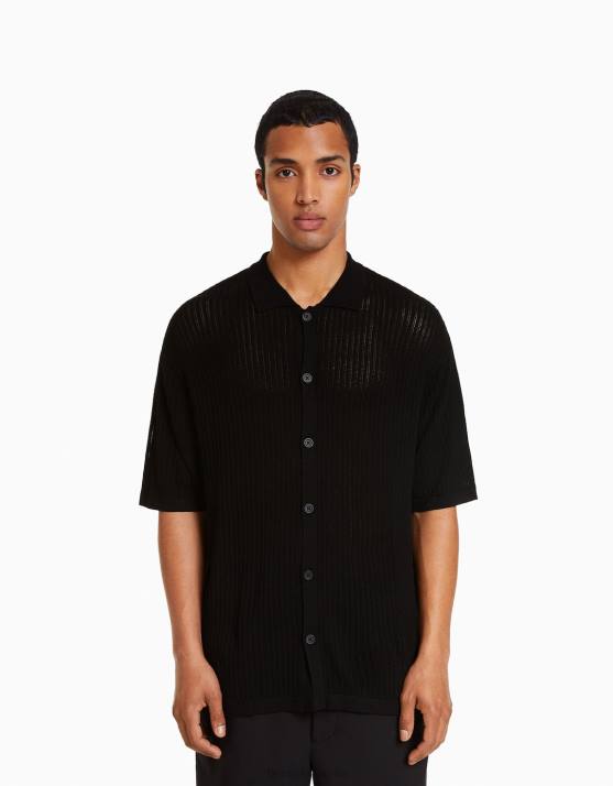 Schwarz Bershka Männer Basic-Kurzarm-Lochstrickhemd H00J2924