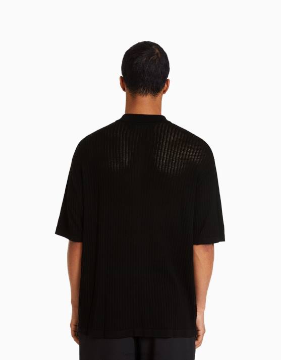 Schwarz Bershka Männer Basic-Kurzarm-Lochstrickhemd H00J2924