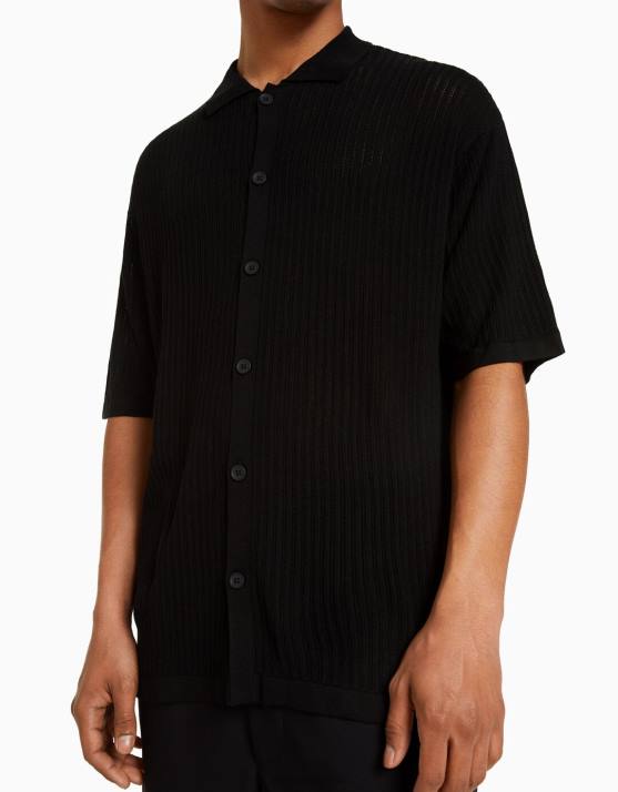 Schwarz Bershka Männer Basic-Kurzarm-Lochstrickhemd H00J2924