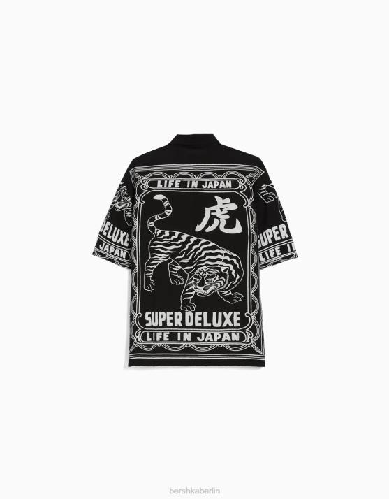 Schwarz Bershka Männer Bedrucktes Kurzarmhemd H00J2860