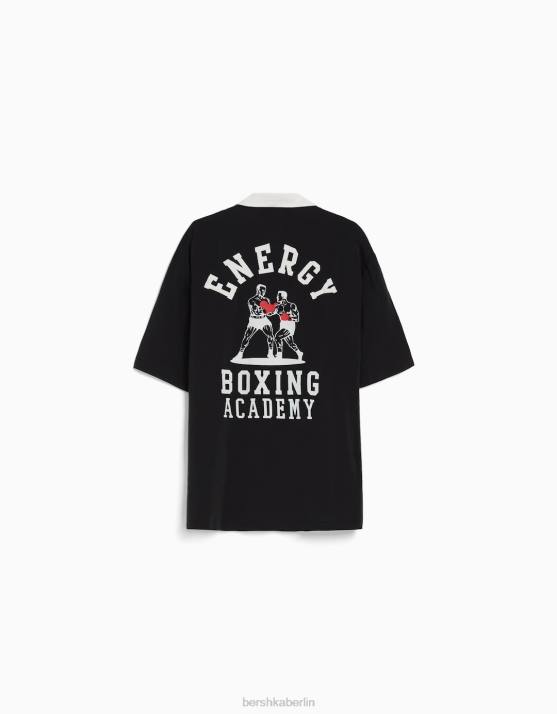 Schwarz Bershka Männer Kurzärmliges Hemd mit kontrastierendem Boxdruck H00J2874