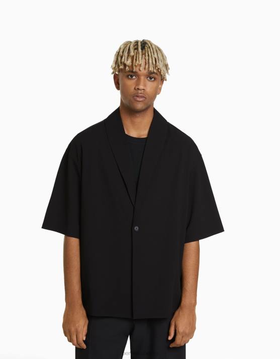 Schwarz Bershka Männer Kurzarmhemd mit Kragen H00J3033