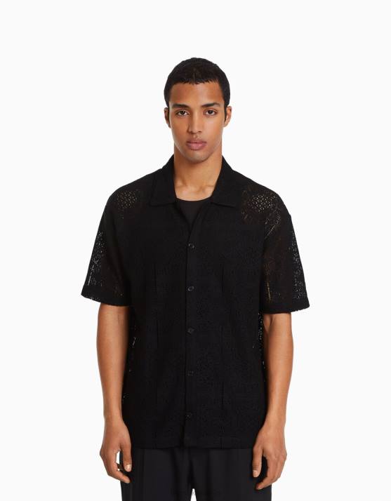 Schwarz Bershka Männer schwarzes Häkelhemd mit Blumenmuster H00J2922