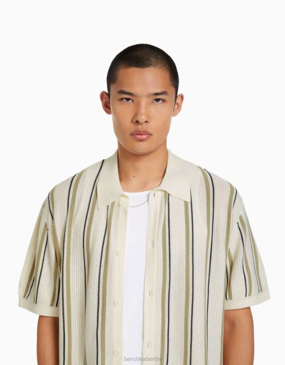 Weiss Bershka Männer Gestreiftes, durchbrochenes Kurzarmhemd H00J2897
