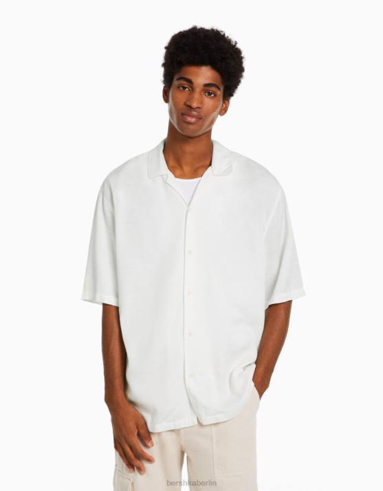 Weiss Bershka Männer Kurzärmliges, entspanntes, rustikales Hemd H00J2941