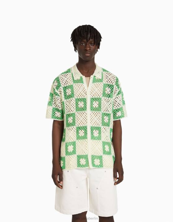 Weiss Bershka Männer Kurzärmliges, rustikales Häkelhemd H00J2865