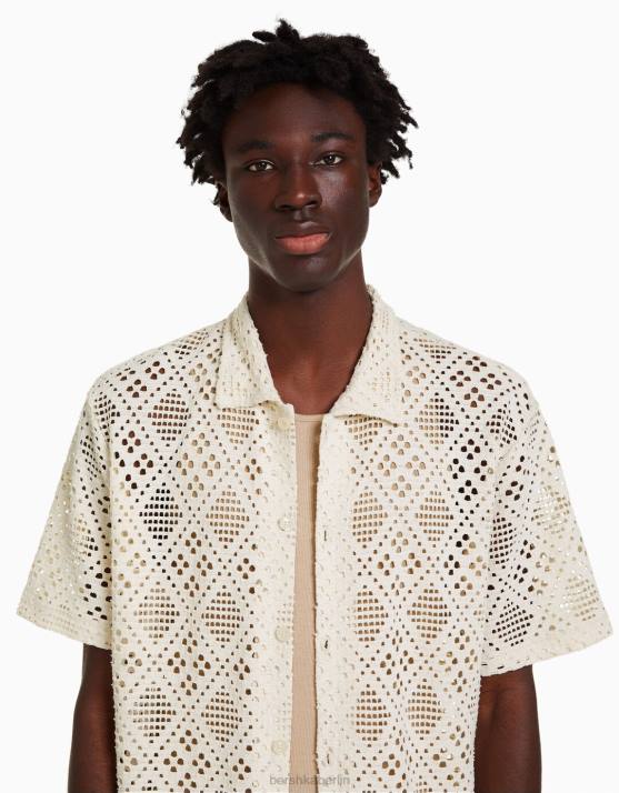 Weiss Bershka Männer Kurzärmliges, rustikales Hemd H00J2878