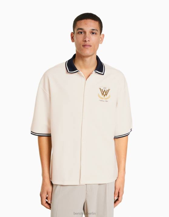 Weiss Bershka Männer Kurzarmhemd mit geripptem Kragen H00J2940