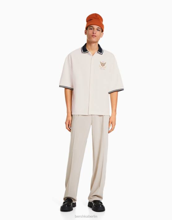 Weiss Bershka Männer Kurzarmhemd mit geripptem Kragen H00J2940